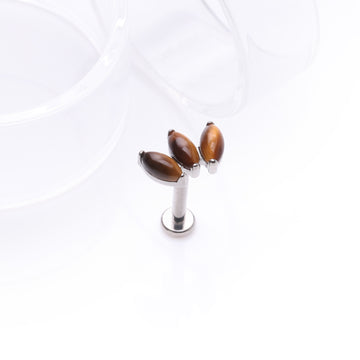 Detail View 1 of Implant Grade Titanium Triple Marquise Tiger Eye Stone Internally Threaded Labret